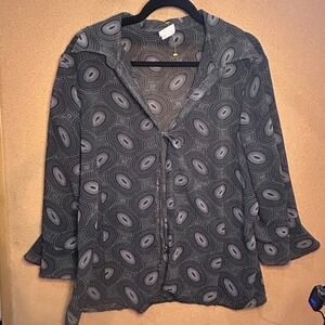 Studio‎ C Plus Womens 18/20 Sheer Blouse Black White Geometric Spiral Tie Front